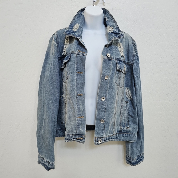 Ci Sono Jackets & Blazers - Ci Sono Blue Distressed Denim Jean Jacket X-Large Button Down Medium Wash